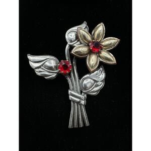 Vintage 1940s Large Red Rhinestone Flower Brooch